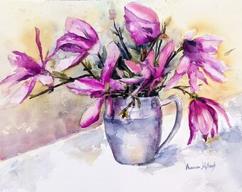 Hand painted magnolias watercolor is an original artwork of a pewter vase of magnolias