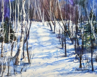 Landscape watercolor of snow in the forest measuring 11x14 inches