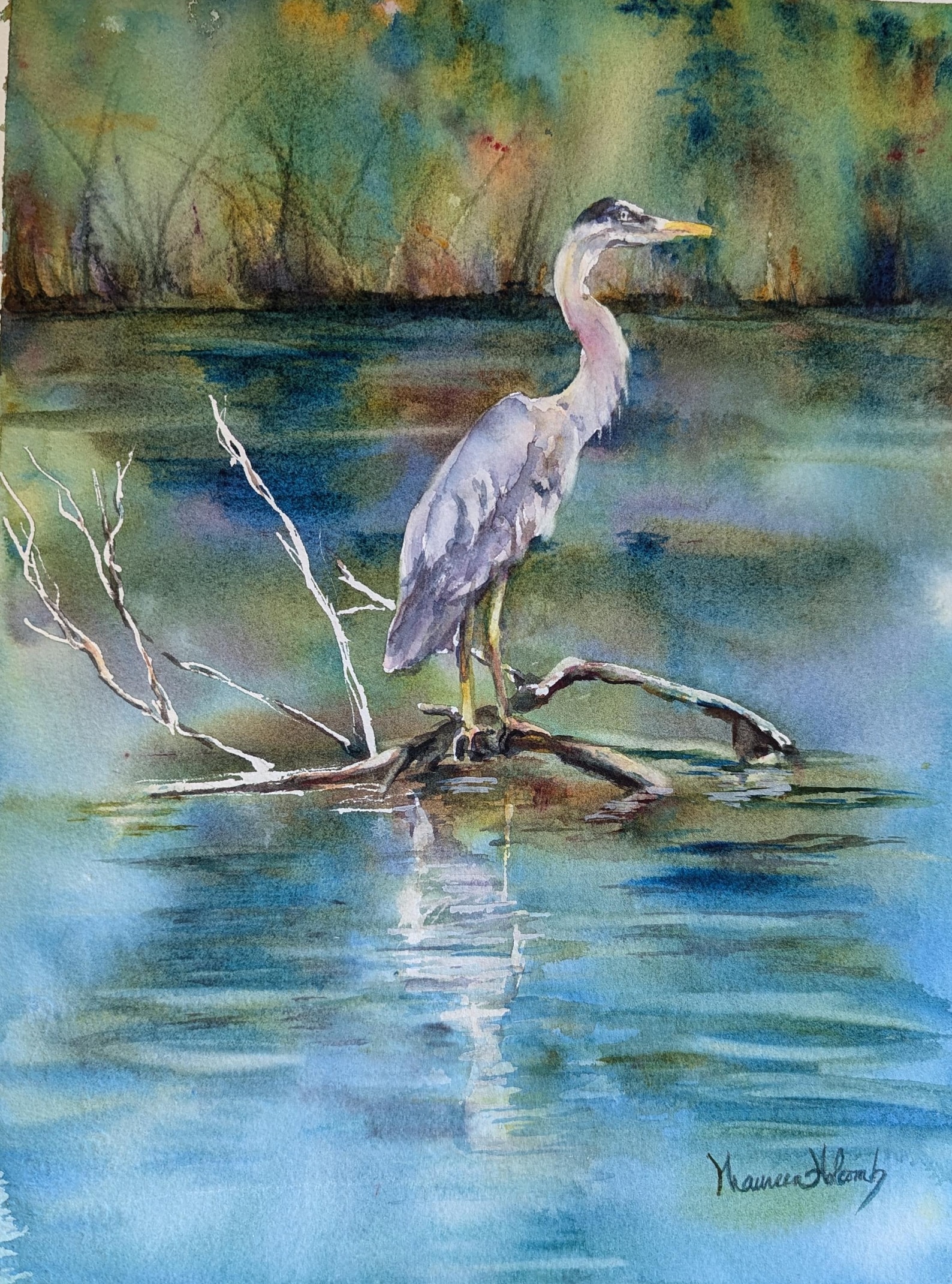 Original hand painted watercolor of Great Blue Heron "Solitude in Still Waters"