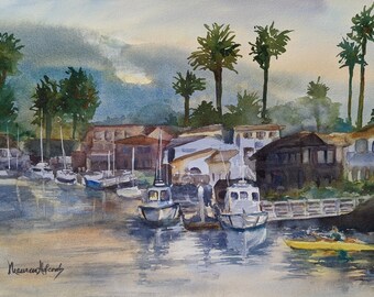 Watercolor boats featured in harbor in San Diego, "Cali Harbor"