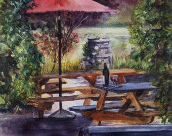 California winery original watercolor landscape with a red sun umbrella and a bottle of wine