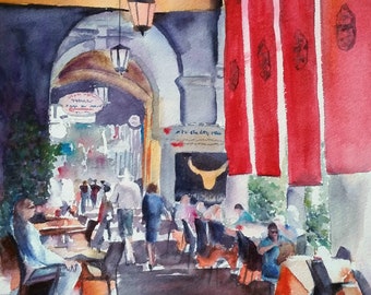 Cafe Italy watercolor painting original artwork