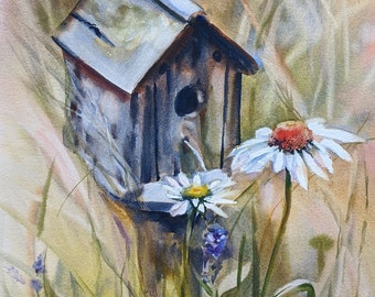 Birdhouse watercolor painting original artwork