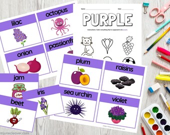 ¿Qué cosas son moradas? - Tarjetas didácticas para aprender los colores (Descarga digital en PDF)