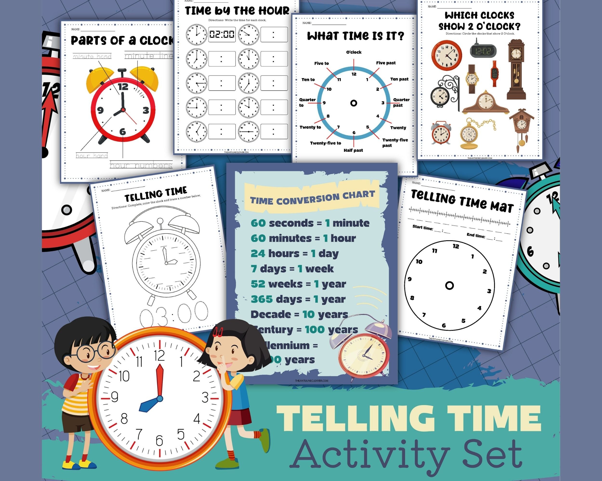 telling time and parts of a clock printable worksheets for etsy