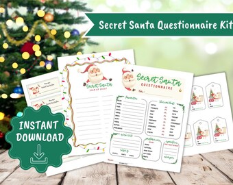 May include: Printable Secret Santa Questionnaire Kit with a festive Christmas theme. Includes a sign-up sheet, questionnaire, and gift tags featuring a cartoon Santa Claus.