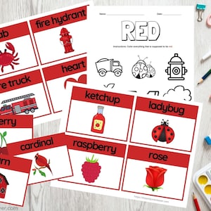 Tarjetas didácticas para aprender sobre los colores (RED) para preescolar y jardín de infantes