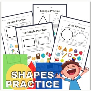 Puede incluir: Una hoja de trabajo imprimible para que los niños practiquen la identificación y el trazado de diferentes formas. La hoja de trabajo incluye un cuadrado, un rectángulo, un triángulo y un círculo. Cada forma tiene una sección para colorear y trazar. La hoja de trabajo también incluye una sección para rodear todas las formas en una imagen.