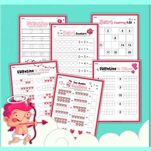 May include: A set of printable Valentine's Day themed worksheets for kids. The worksheets feature hearts, counting, and addition problems. The worksheets are designed to help children learn math skills in a fun and engaging way.