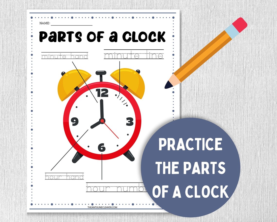 Telling Time And Parts Of A Clock Printable Worksheets For Etsy
