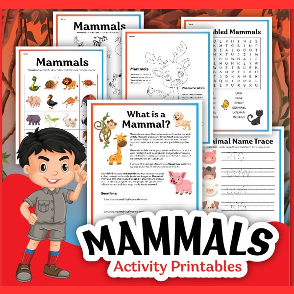 Mammals Animals Printable Activity Worksheets for Kids - Educational Activities, Kindergarten, Preschool, 1st Grade