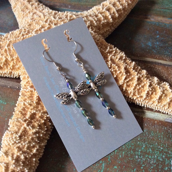 Lazy Lake Day Dragonfly Dangle Earrings, Crystal Blue Dragonfly Earrings, The Beachy Diva dangle earrings hypoallergenic.