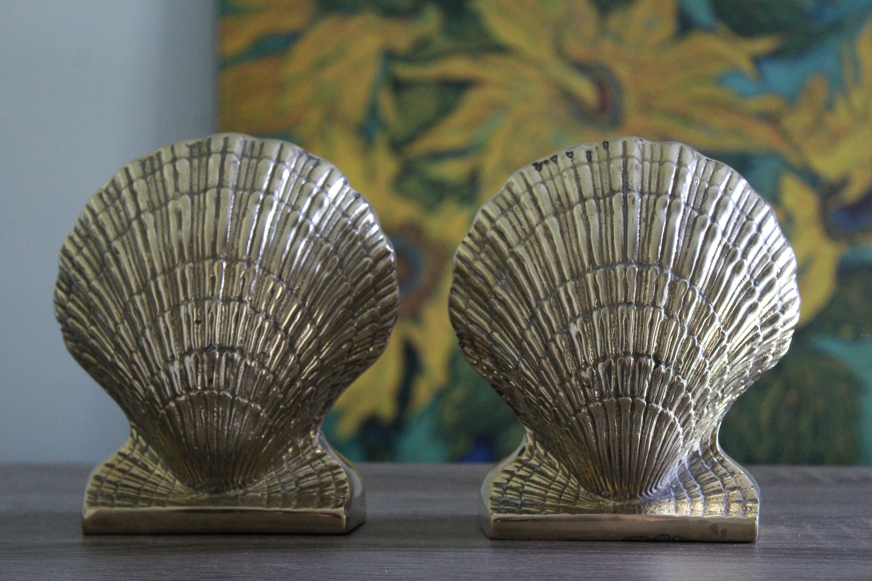 Vintage Brass Conch Shell Bookends, 6 Modern Solid Brass Seashell Accents,  Hollywood Regency Beach House Nautical Bookshelf Decor 