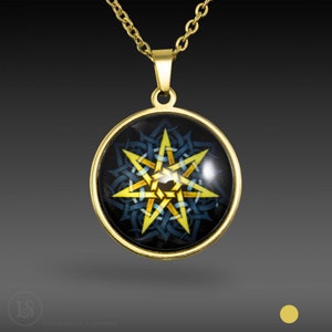 Interlocking Septagram - 7 Pointed Star Symbol Pendant, Large, Gold Tone, Glass and Stainless steel
