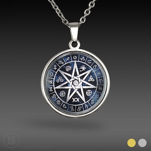 Astrologic Septagram - 7 Pointed Star Symbol Pendant, Large, Silver or Gold Tone, Glass and Stainless steel