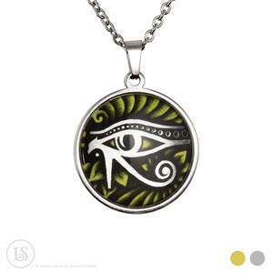 Eye of Horus Symbol Pendant, Green, Silver or Gold Tone, Glass and Stainless steel