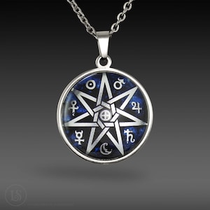 Planetary Septagram - 7 Pointed Star, Symbol Pendant, Silver or Gold Tone, Glass and Stainless steel