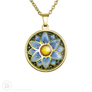 Forget-Me-Not Flower Pendant, Gold-Tone, Glass and Stainless steel
