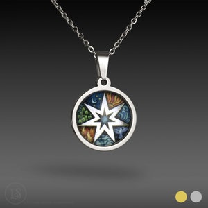 Elemental Septagram, 7 pointed faerie star Pendant, Small, Silver or Gold Tone, Glass and stainless steel