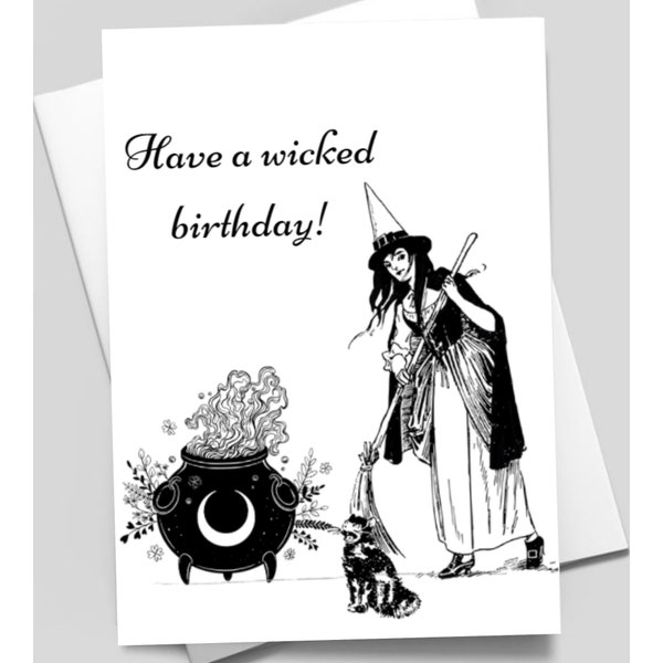 Wicked Birthday Card, Card Printable, Blank Card, Witch, Cat, Cauldron, Pagan, Wiccan