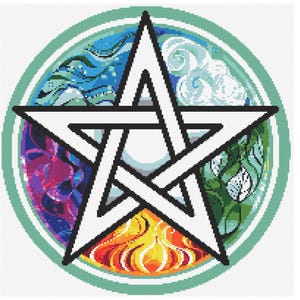Puede incluir: Un pentagrama blanco con contorno negro, rodeado de un círculo con cuatro secciones que representan los elementos: fuego, agua, tierra y aire. Cada sección está llena de un diseño colorido.