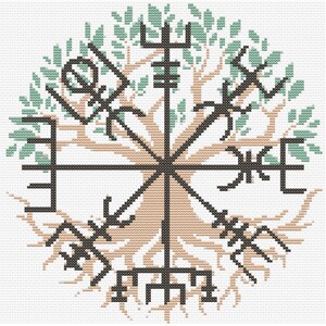 May include: Cross-stitch design featuring a black Vegvisir symbol, a Viking compass, set against a tan tree with green leaves. The design is on a white background, showcasing the intricate details of the stitch work.