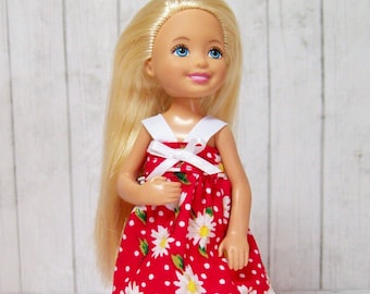 Handmade Chelsea Clothes, Red Daisy Dress, Chelsea Dress, Fashion Doll Clothes, Barbie Sister, Doll Dress, Doll Clothes, Summer Dress