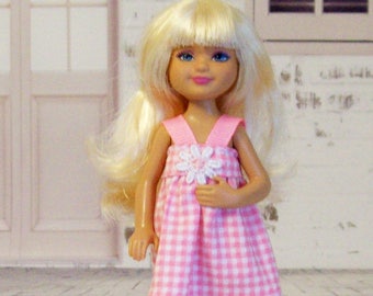 Handmade Pink and White Gingham Dress, 5.5" Fashion Doll Clothes