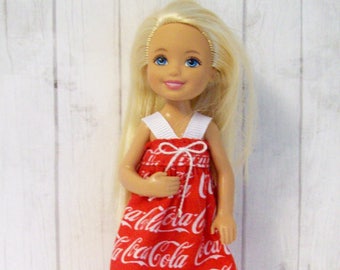 Chelsea doll dress, red and white, nostalgia soda pop, novelty fabric, 5.5" fashion doll, handmade doll clothes, little doll clothes