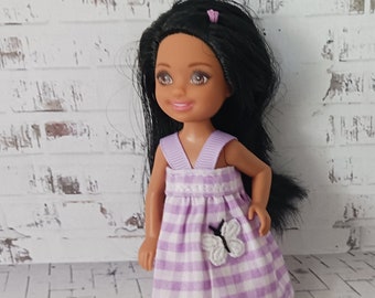 Handmade lavender gingham butterfly dress for 5.5 " Fashion Doll