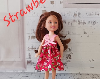 Handmade 5.5" Fashion Doll Clothes , Little Sister Red and Pink Strawberry Dress