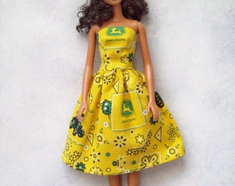 Barbie doll clothes , handmade yellow tractor dress