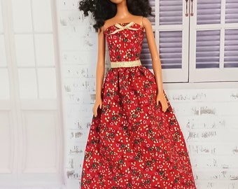 11.5" Fashion Doll Clothes , Party Holiday Dress , Gold Metallic and Red Floor Length Dress