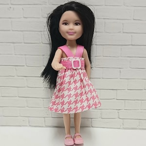Handmade 5.5&quot; fashion  doll clothes - pink houndstooth dress - girls gift