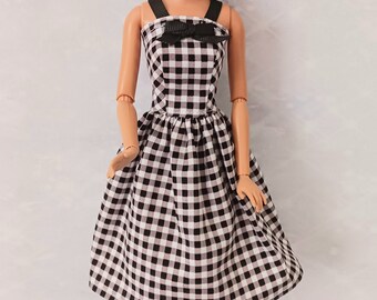 Barbie clothes, Black and White gingham dress , handmade