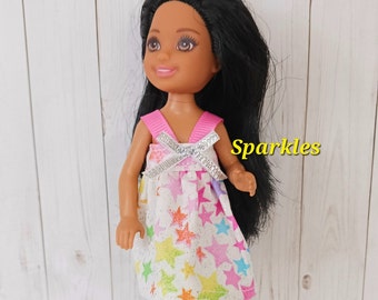 Silver sparkle and stars dress, handmade to fit 5.5" Fashion Doll