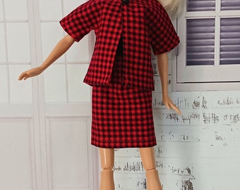 11.5 " Fashion Doll Outfit , 3 Piece Red and Black Buffalo Check Jacket, Skirt and Top , OOAK