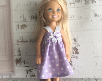 Handmade 5.5 " doll dress, lavender and white polka dot