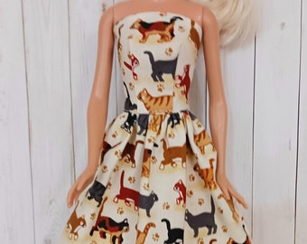 Handmade Barbie clothes , kitty cat dress , tiger stripes , tuxedo , calico cat , 11.5 " fashion doll dress