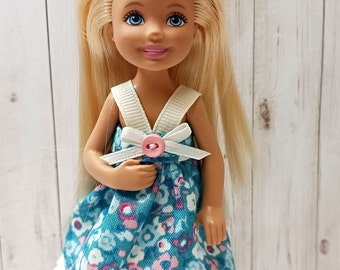 Handmade 5.5" Doll Dress , Pretty Teal Party Dress , Little  Sister Clothes