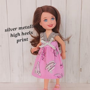 Handmade 5.5&quot; Fashion Doll Dress: Pink Cotton with Metallic Heels