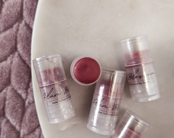Plum Blossom, Rose Infused Tinted Lip Balm, A beautiful soft red with plum undertones and a hint of shimmer, Mini Lip balm