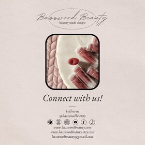 Puede incluir: Imagen publicitaria de Basswood Beauty. La imagen muestra varios productos labiales en tubos transparentes, con una sola barra de labios. El texto "Basswood Beauty" y "beauty made simple" est&aacute;n en la parte superior. El texto "Connect with us!" tambi&eacute;n es visible.