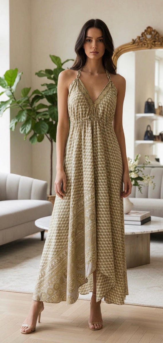 beach festival dress Recycled Silk Halter Dress, Bohemian Ethnic Summer Maxi Size:52 x 32