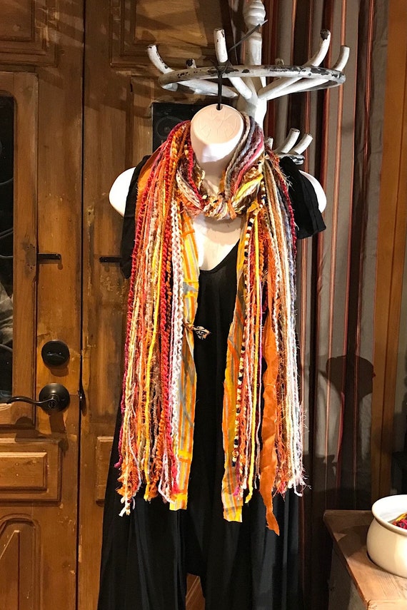 Boho Fringe Festival Long Scarf, Gift for Her, Yarn Ribbon Scarf,bohemian  Recycled Vintage Silk Sari Yarns Ribbons, Hippie Fringe Scarf - Etsy