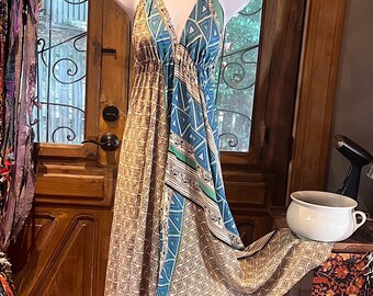 Boho Silk Dress, Bohemian Halter, Dress Ethnic Beach Dress, Festival Dress, Hippie Dress, Vintage Recycled Silk Dress, Boho Chic Gypsy Dress