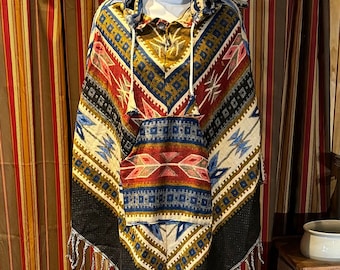 Poncho con capucha para festival: mezcla de lana tejida estilo bohemio unisex