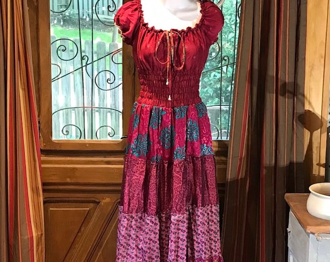 Boho Silk Dress, Vintage Ruffle Maxi Dress, Hippie Bohemian Dress, Gypsy Boho Dress Festival Dress, Recycled Ethnic Patch work Sari Dress