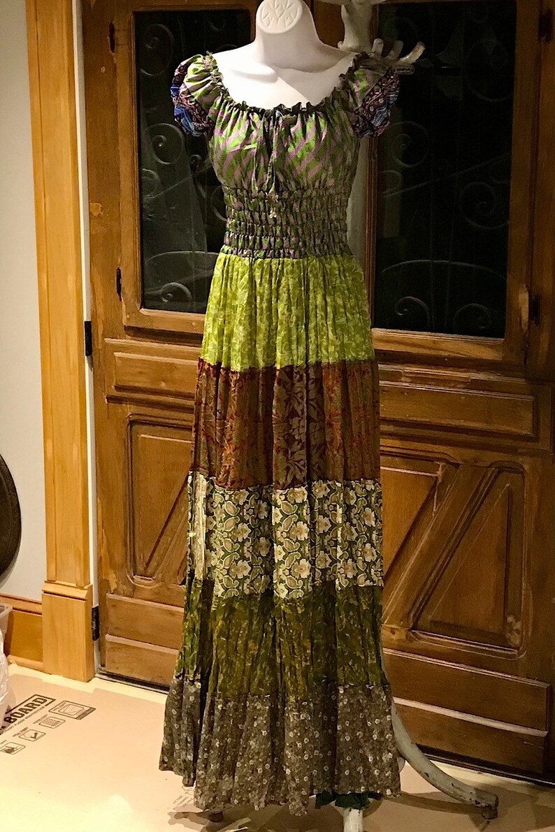 Hippie Bohemian Dress Boho Silk Dress Gypsy Boho Dress Festival Dress Recycled Ethnic Patch work Sari Dress Vintage Maxi Boho Dress
