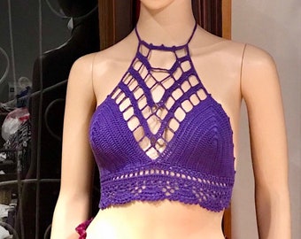Top bralette all'uncinetto con scollo all'americana, crop top viola da festival